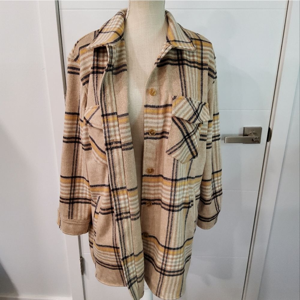 FORE Plaid Fringe Long Line Jacket Size S